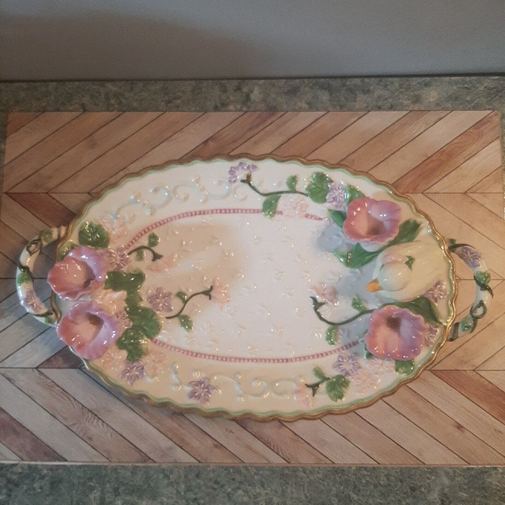 Vintage Avon Easter Spring Serving Platter Pottery Dish Duck Flowers Handle 2001 - Picture 10 of 13